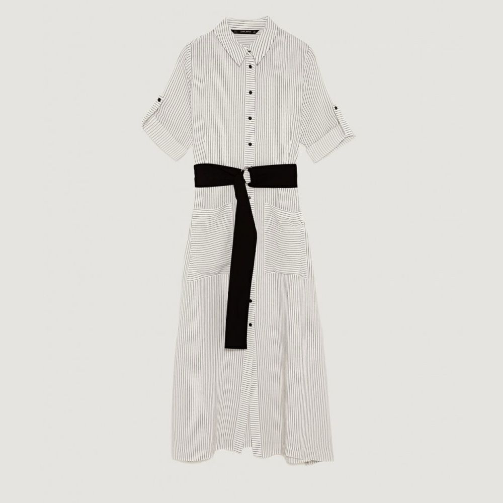 Zara Black and White Striped Long Sleeve Shirt Dress